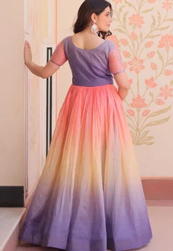 Embroidered Art Silk Gown in Multicolor