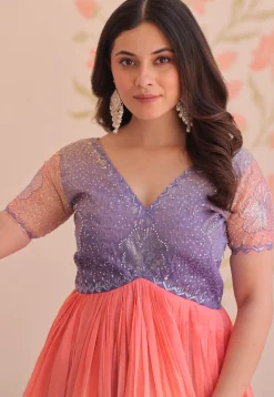 Embroidered Art Silk Gown in Multicolor