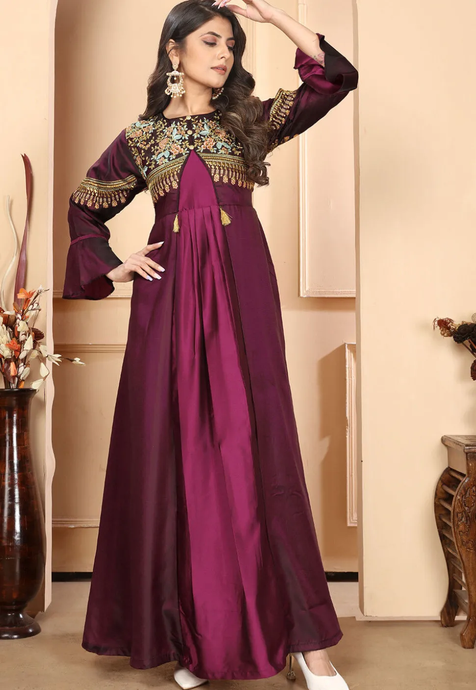 Embroidered Art Silk Gown in Purple