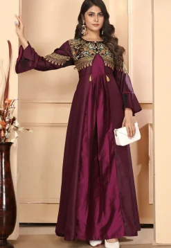 Embroidered Art Silk Gown in Purple
