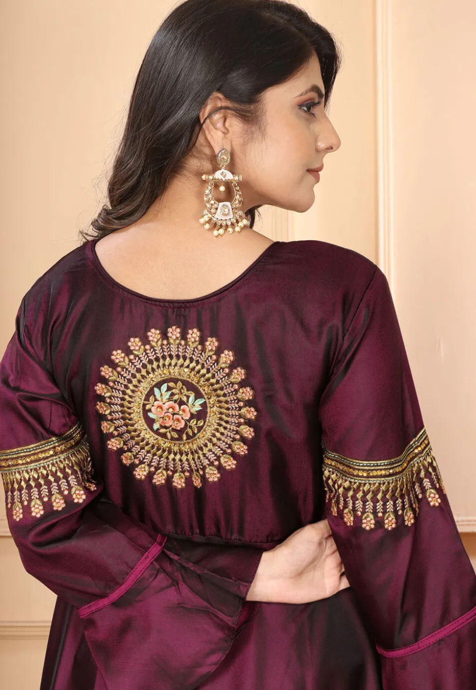 Embroidered Art Silk Gown in Purple