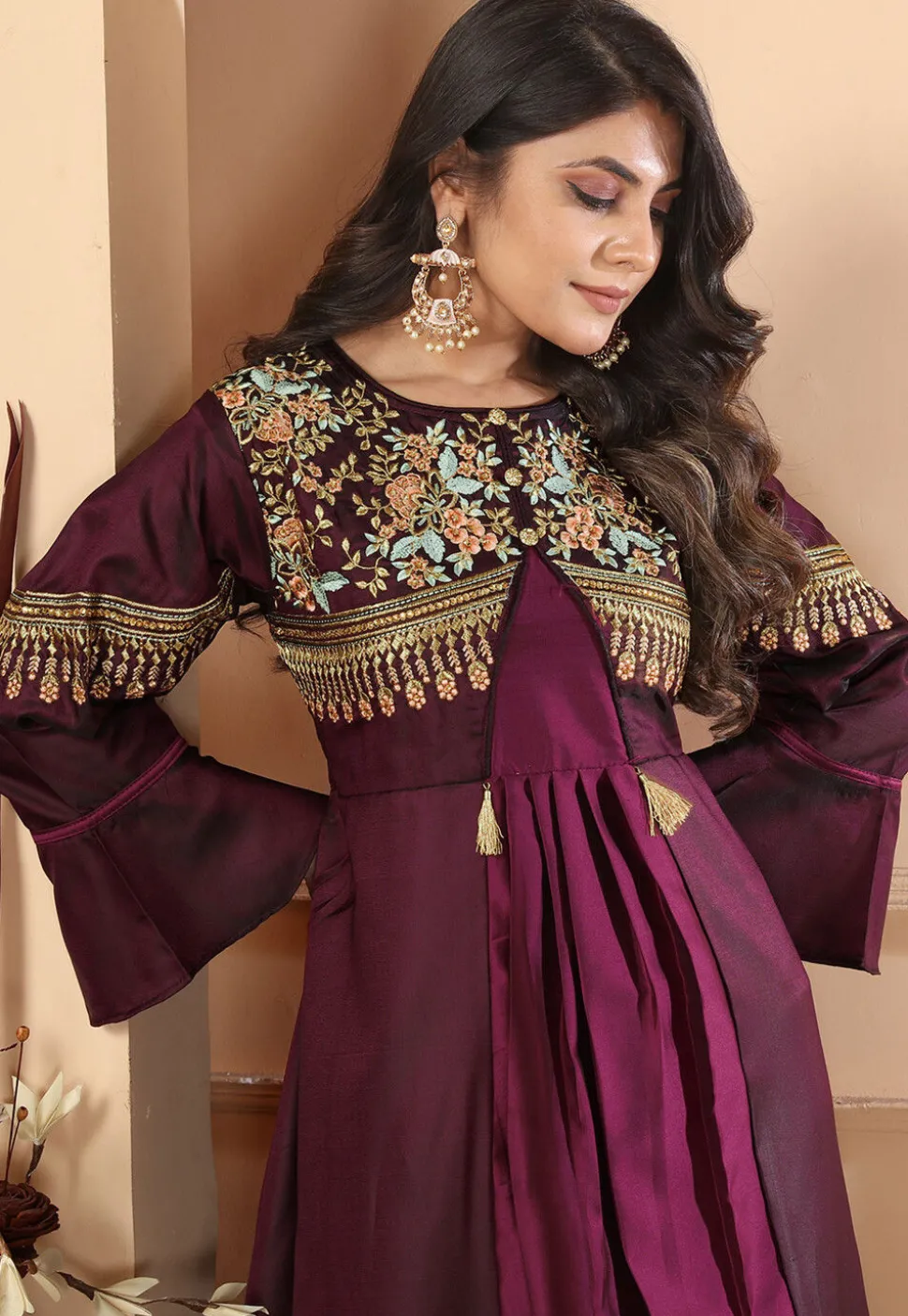 Embroidered Art Silk Gown in Purple