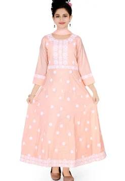 Embroidered Art Silk Gown in Peach