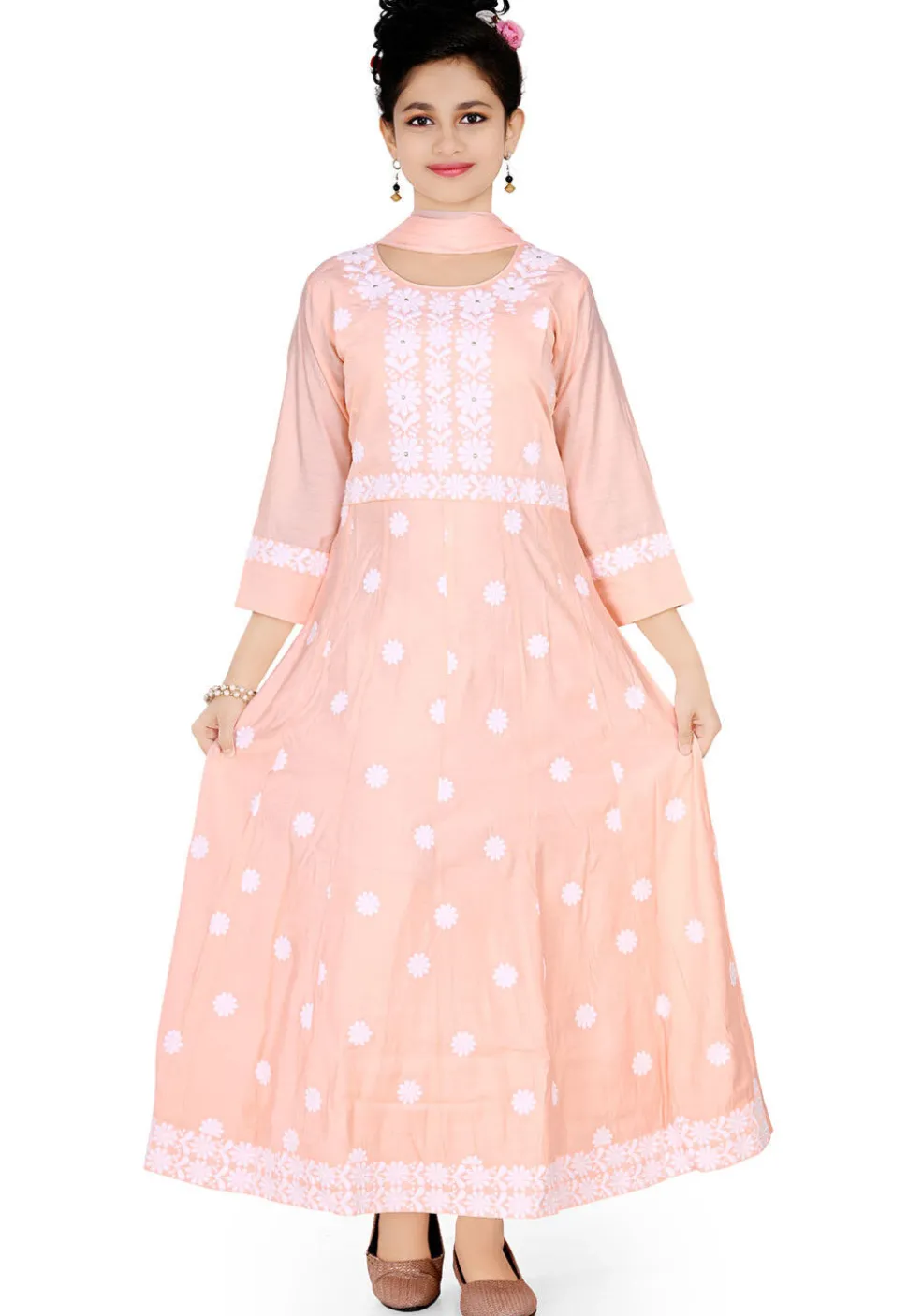 Embroidered Art Silk Gown in Peach