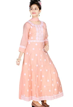 Embroidered Art Silk Gown in Peach