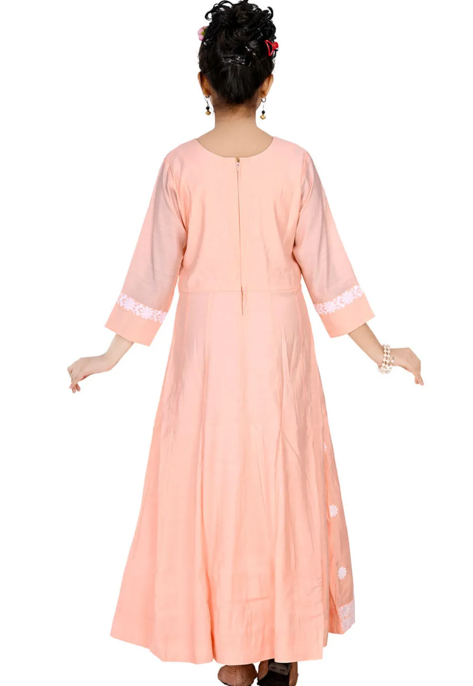 Embroidered Art Silk Gown in Peach