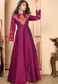 Embroidered Art Silk Gown in Purple