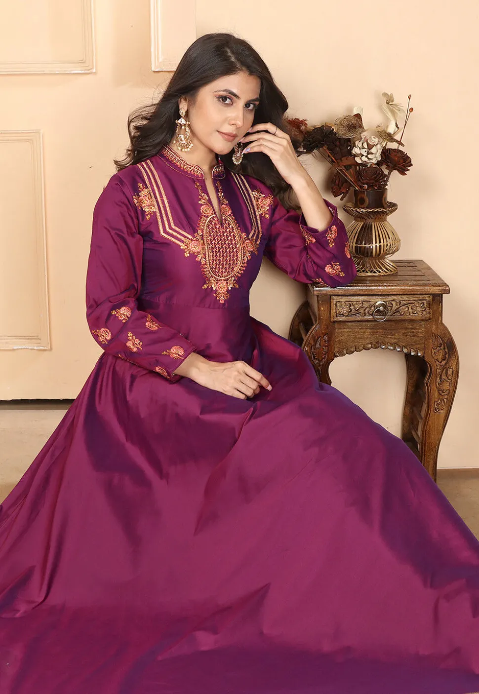 Embroidered Art Silk Gown in Purple