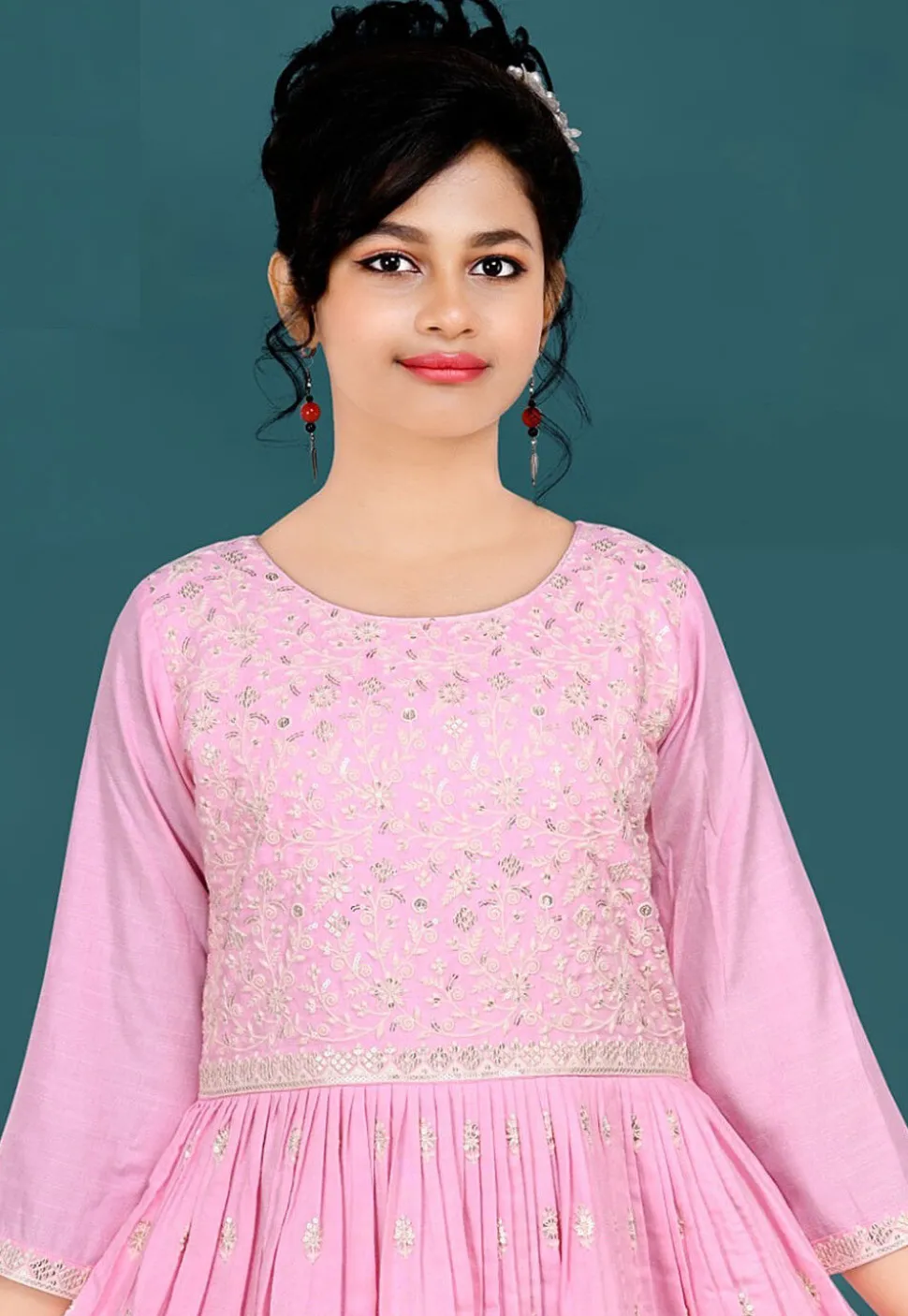 Embroidered Art Silk Gown in Pink