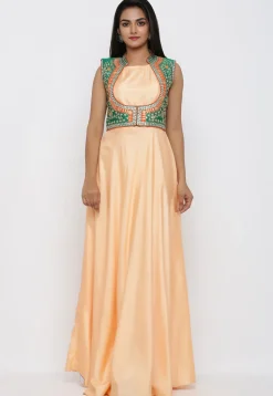 Embroidered Art Silk Gown with Jacket in Peach
