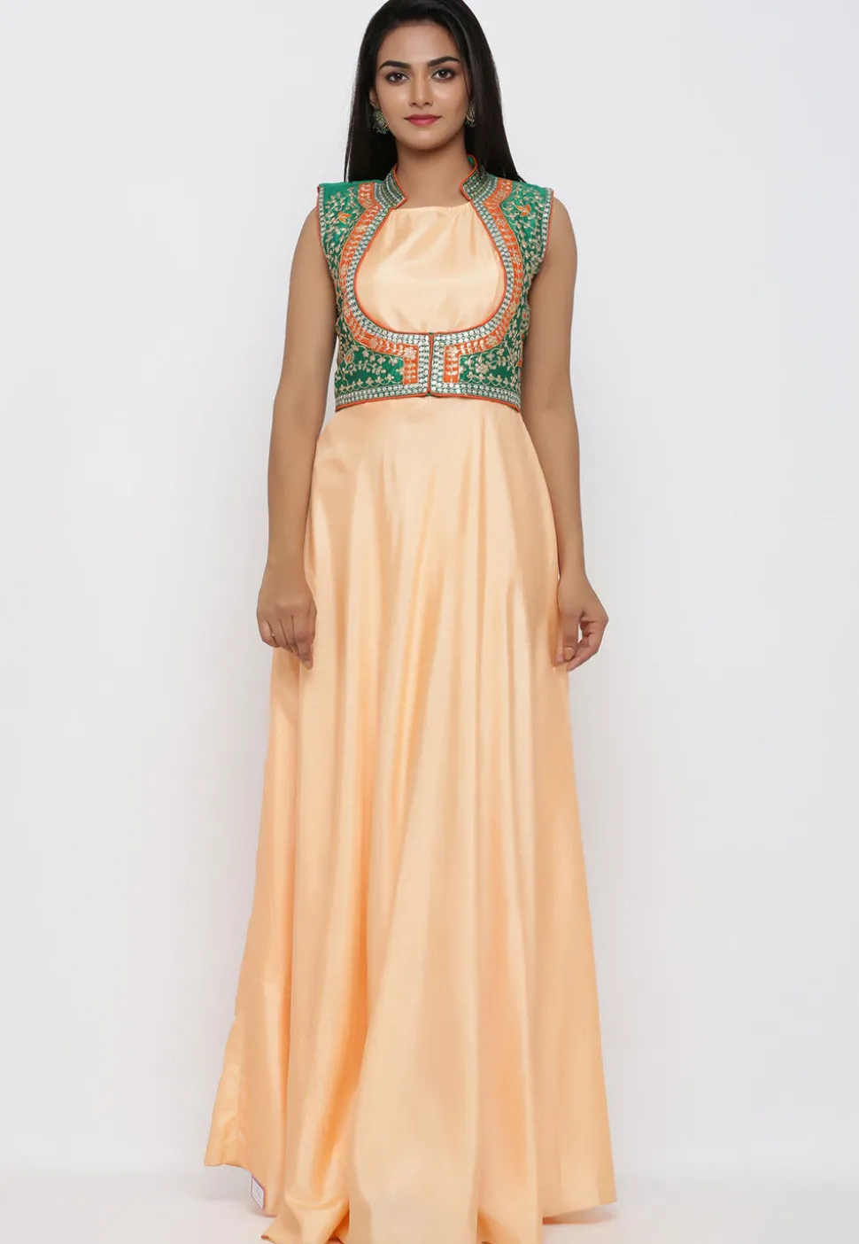 Embroidered Art Silk Gown with Jacket in Peach