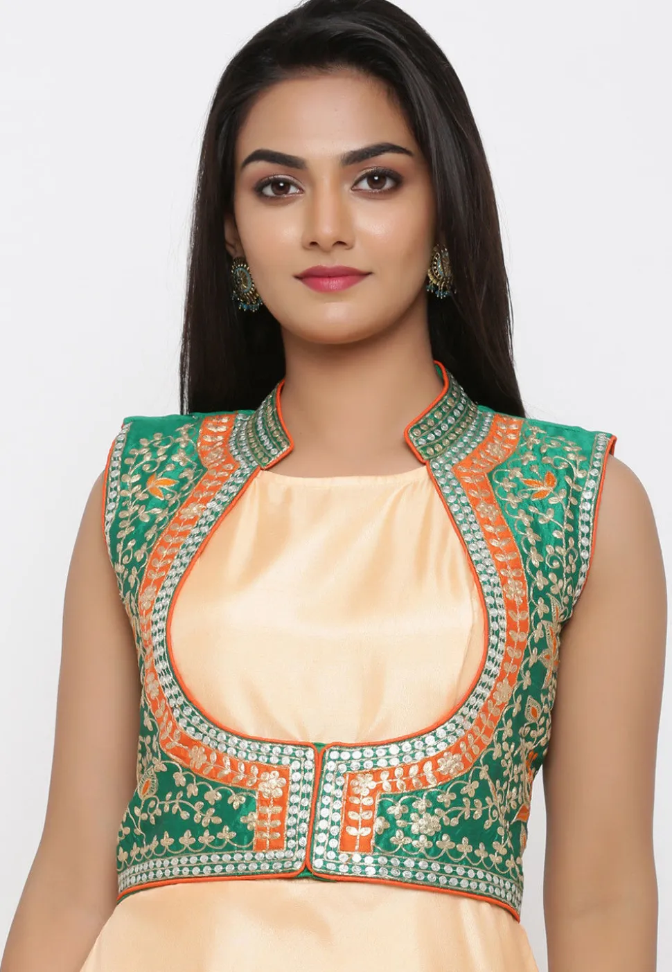 Embroidered Art Silk Gown with Jacket in Peach