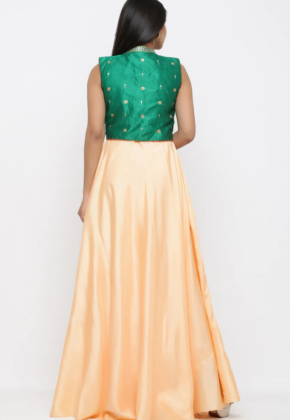 Embroidered Art Silk Gown with Jacket in Peach