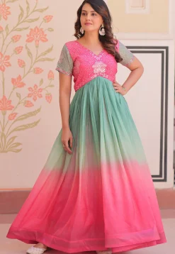 Embroidered Art Silk Gown in Multicolor