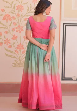 Embroidered Art Silk Gown in Multicolor