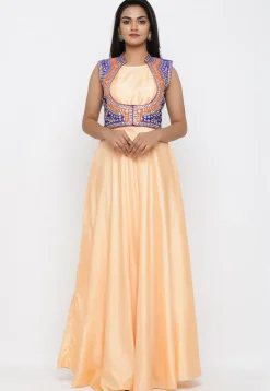 Embroidered Art Silk Gown with Jacket in Peach