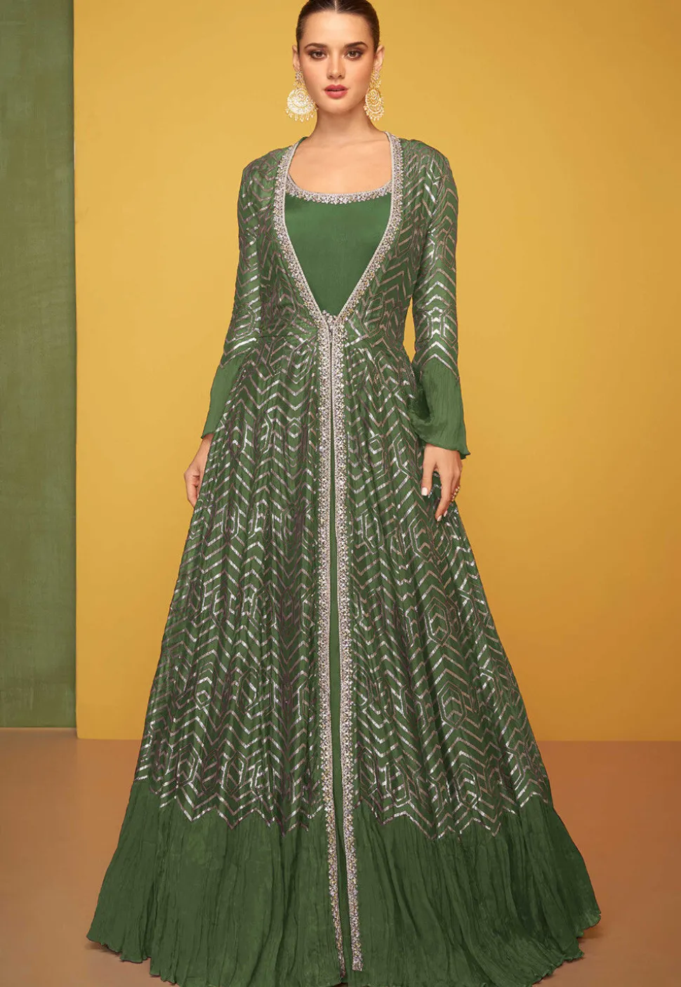 Embroidered Art Silk Gown in Olive Green