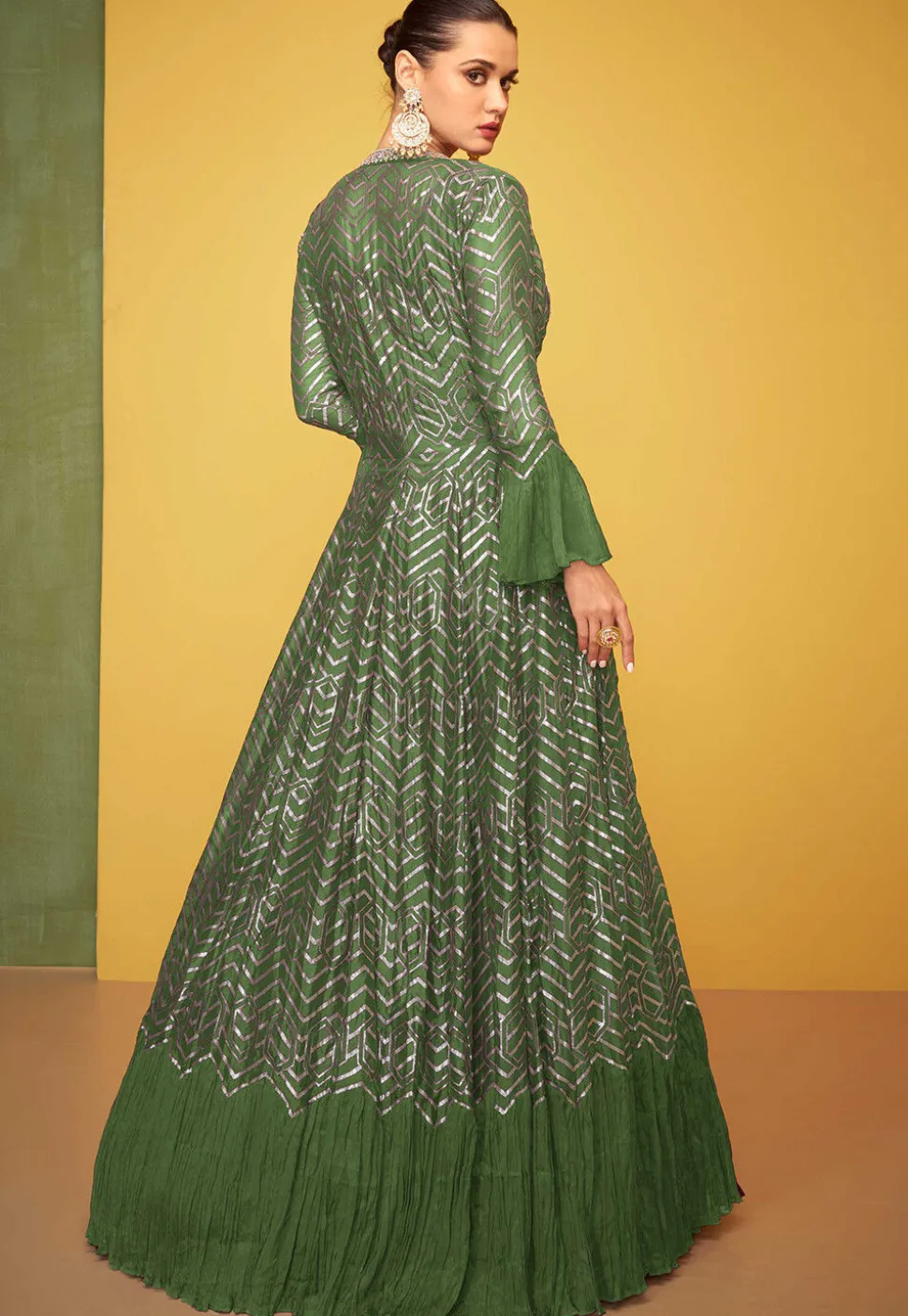 Embroidered Art Silk Gown in Olive Green