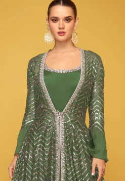 Embroidered Art Silk Gown in Olive Green
