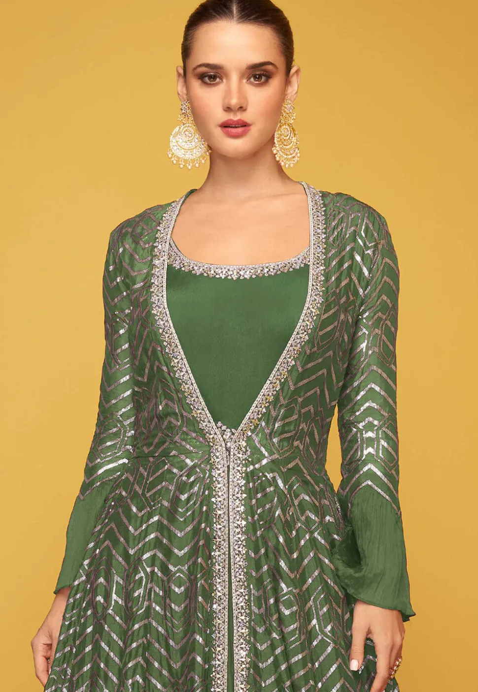 Embroidered Art Silk Gown in Olive Green