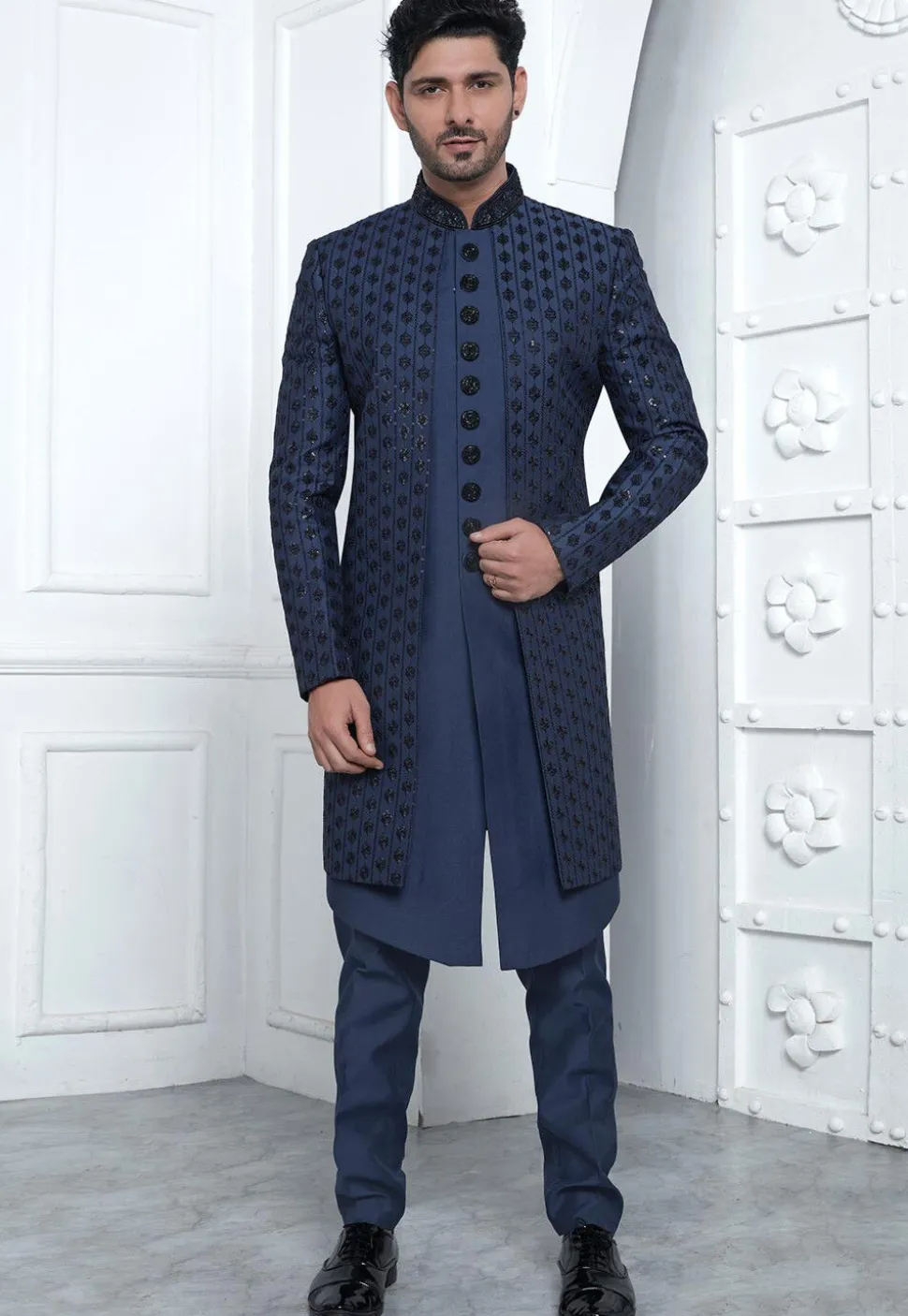 Embroidered Art Silk Jacket Style Sherwani in Navy Blue