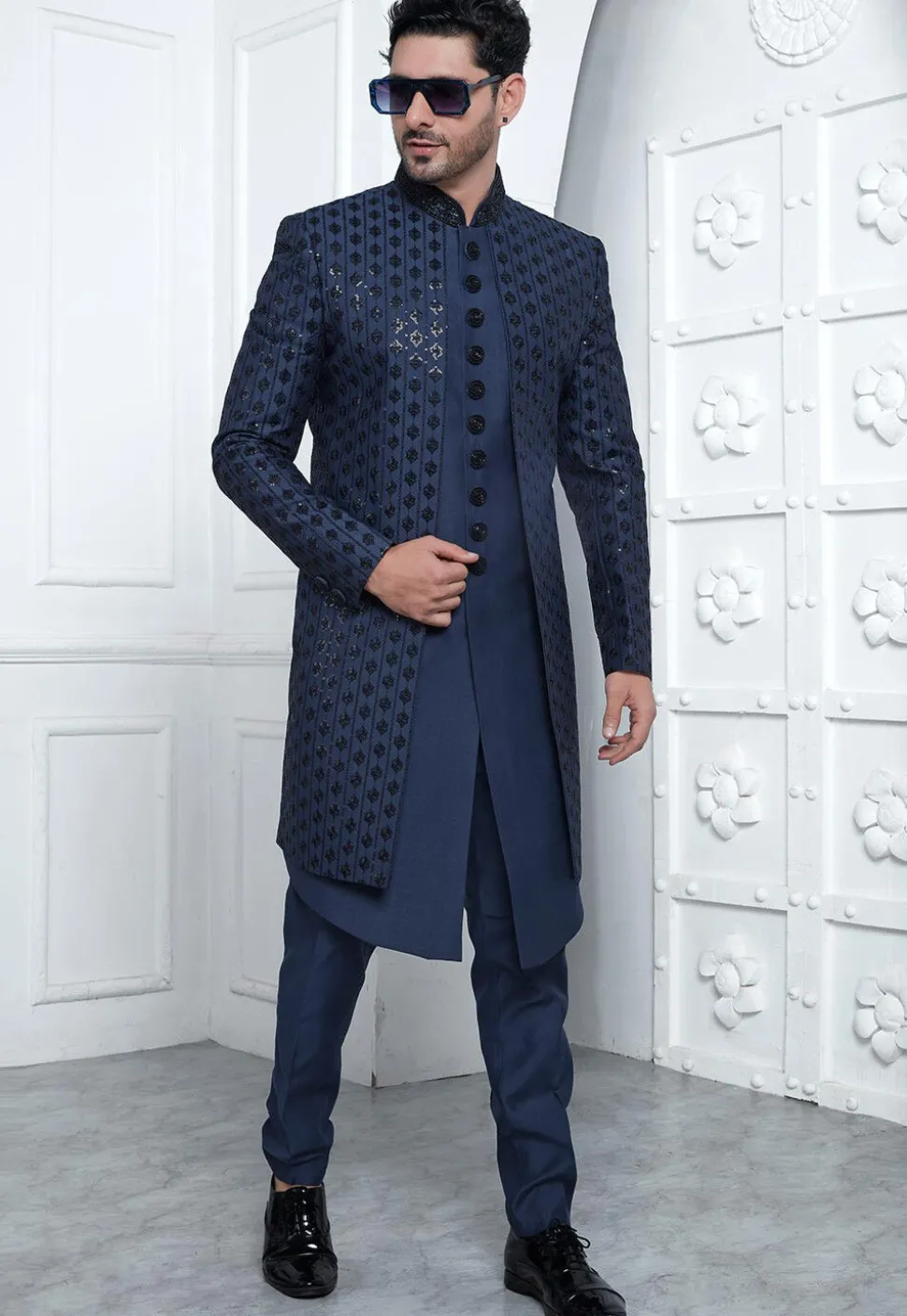 Embroidered Art Silk Jacket Style Sherwani in Navy Blue