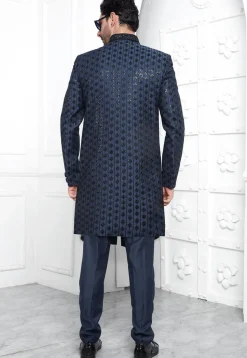 Embroidered Art Silk Jacket Style Sherwani in Navy Blue