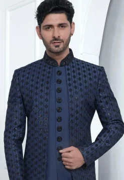 Embroidered Art Silk Jacket Style Sherwani in Navy Blue