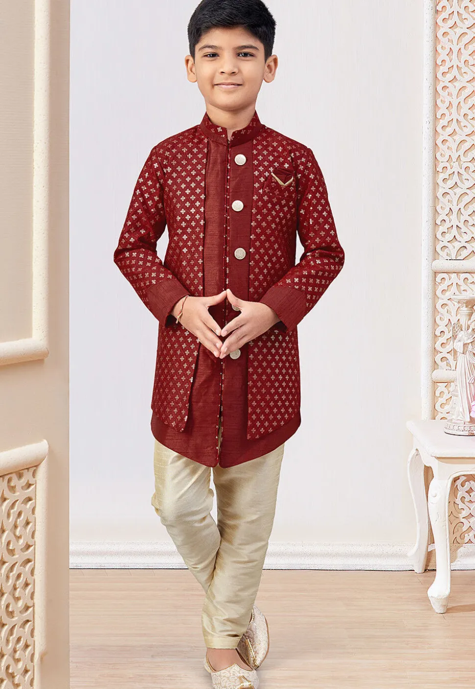 Embroidered Art Silk Jacket Style Sherwani in Maroon