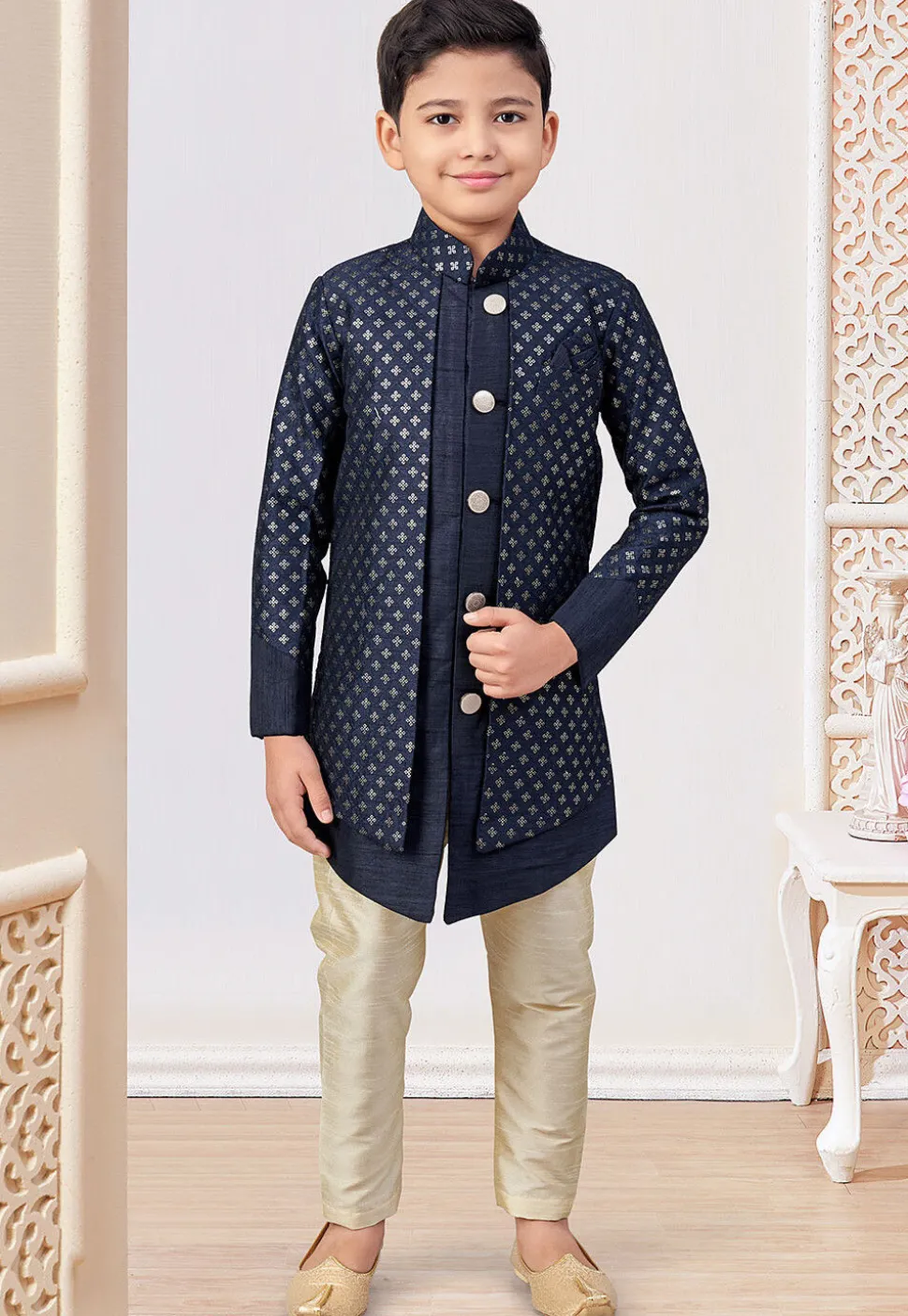 Embroidered Art Silk Jacket Style Sherwani in Navy Blue