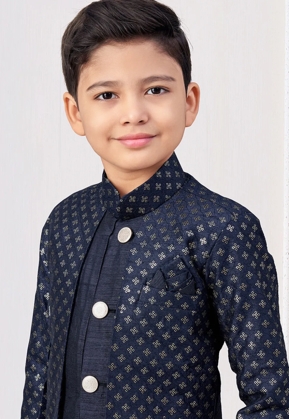 Embroidered Art Silk Jacket Style Sherwani in Navy Blue