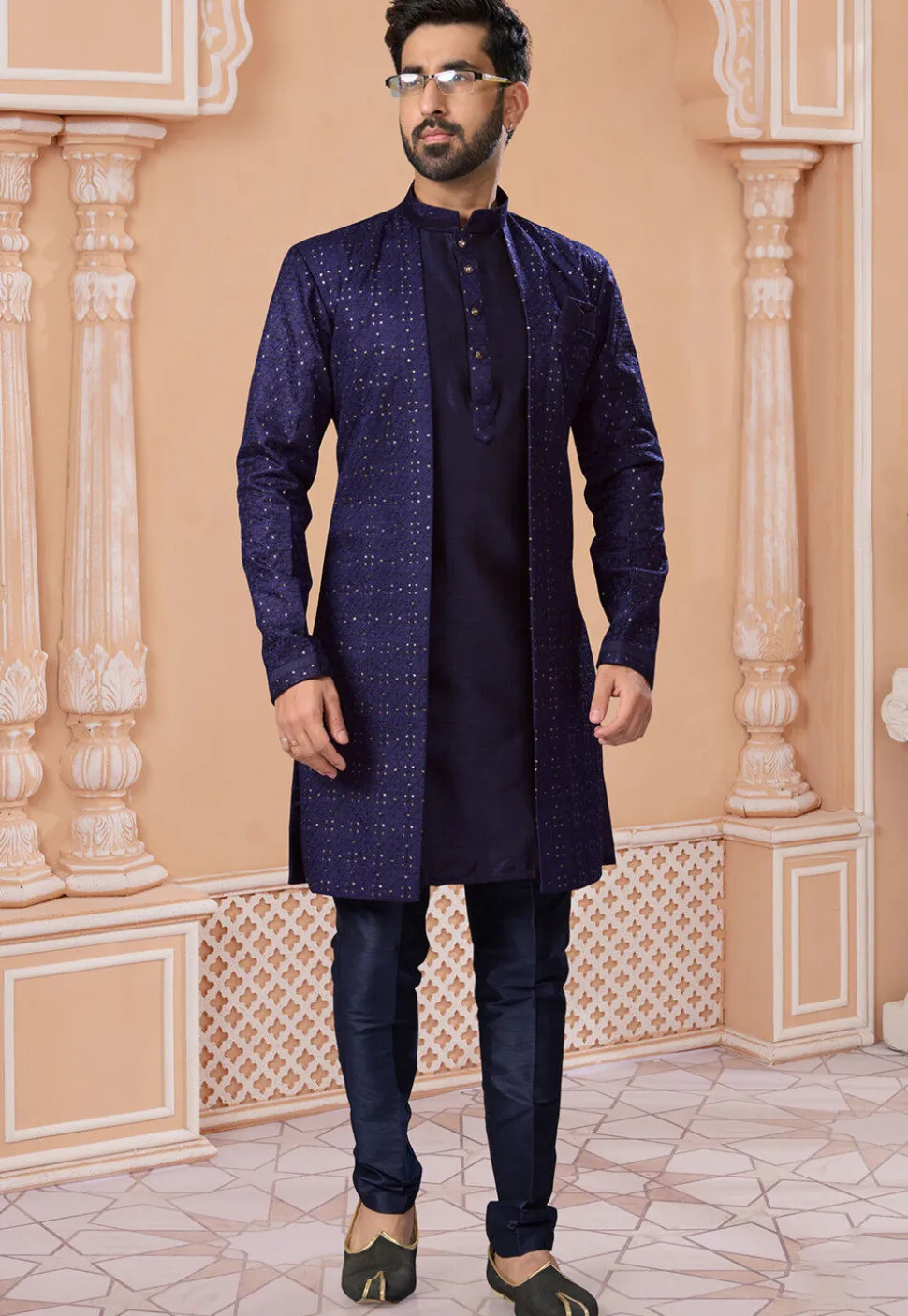 Embroidered Art Silk Jacket Style Sherwani in Navy Blue