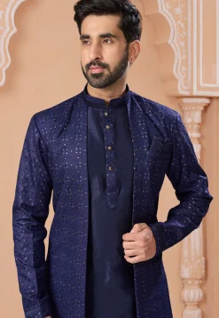 Embroidered Art Silk Jacket Style Sherwani in Navy Blue