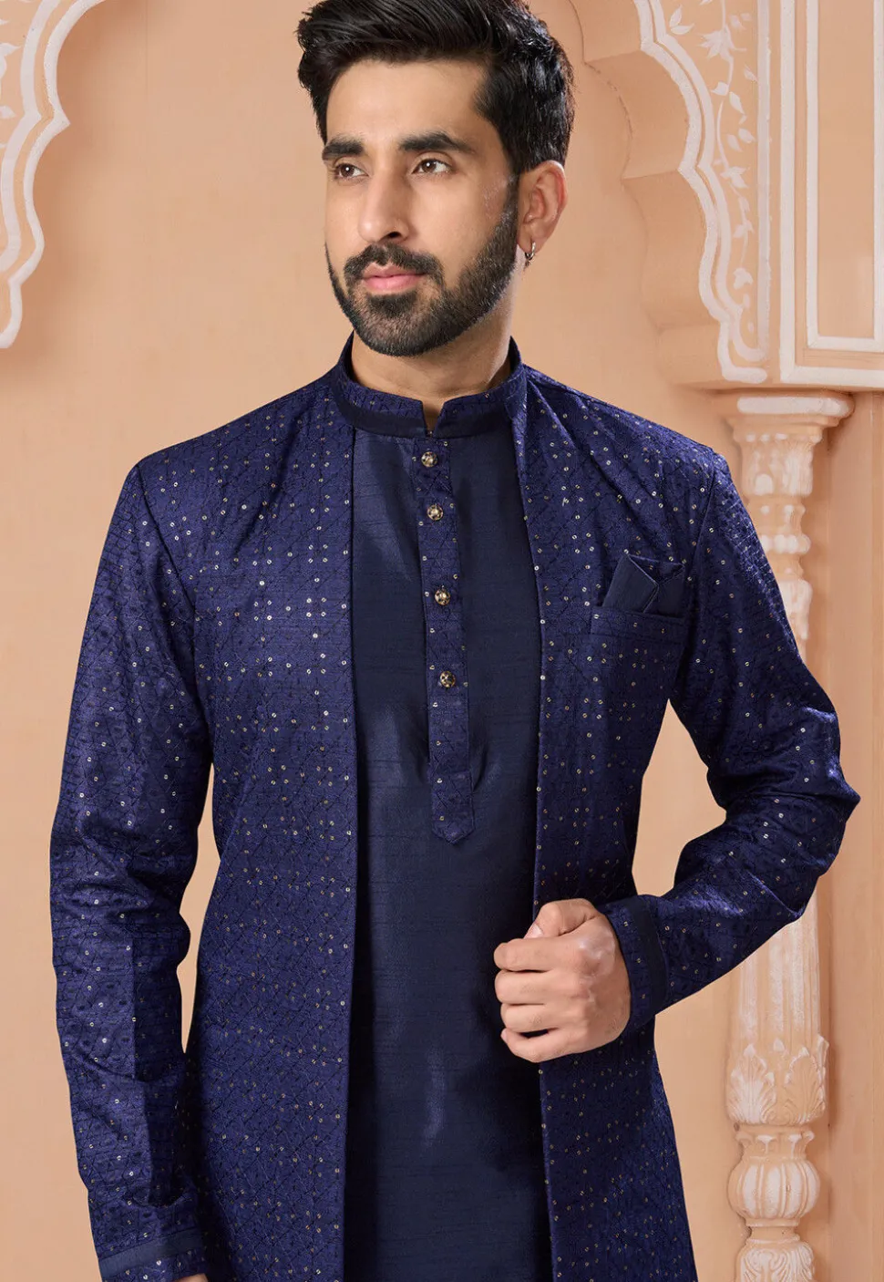 Embroidered Art Silk Jacket Style Sherwani in Navy Blue