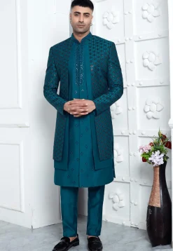 Embroidered Art Silk Jacket Style Sherwani in Teal Blue