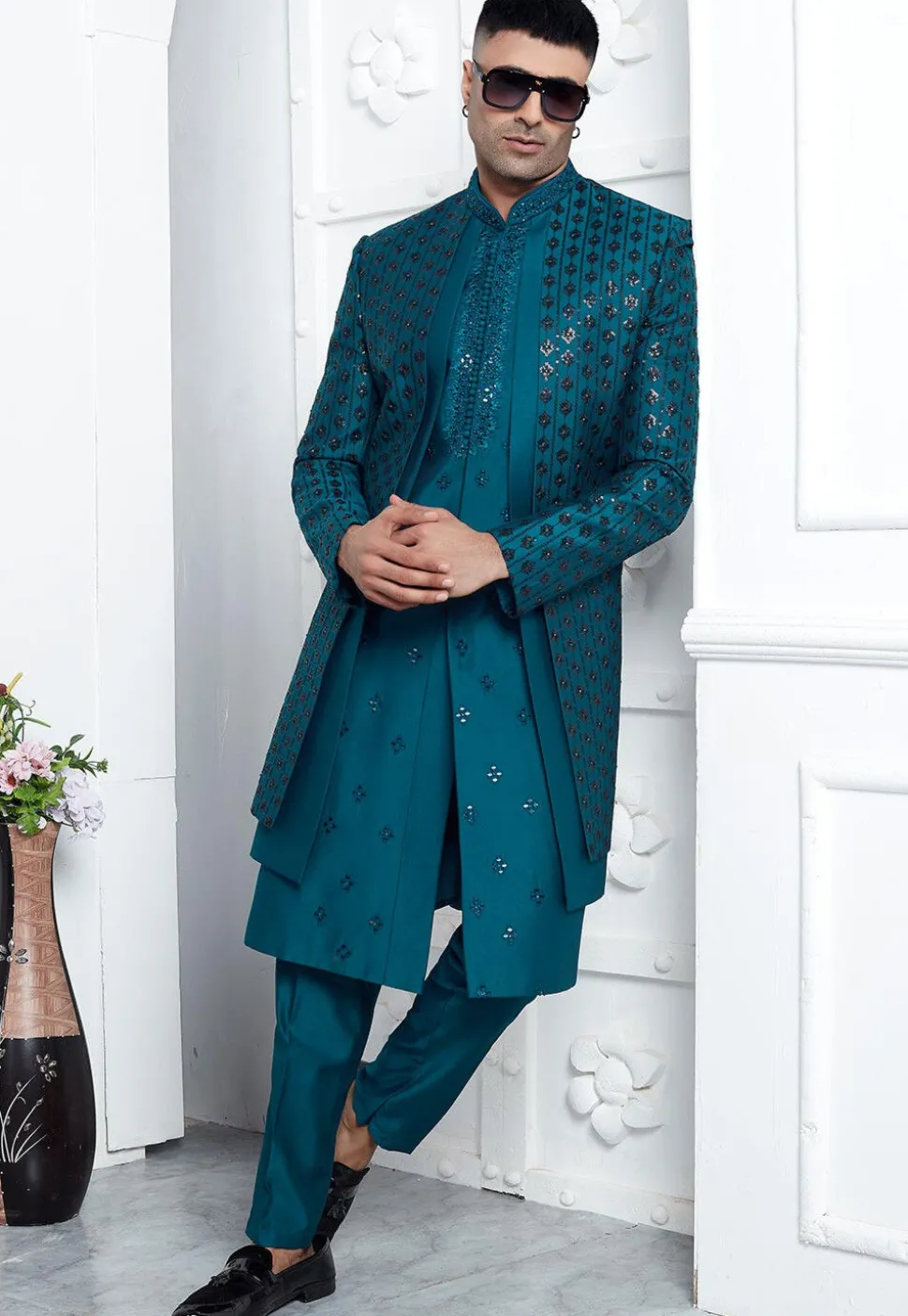 Embroidered Art Silk Jacket Style Sherwani in Teal Blue