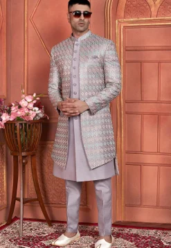 Embroidered Art Silk Jacket Style Sherwani in Light Purple