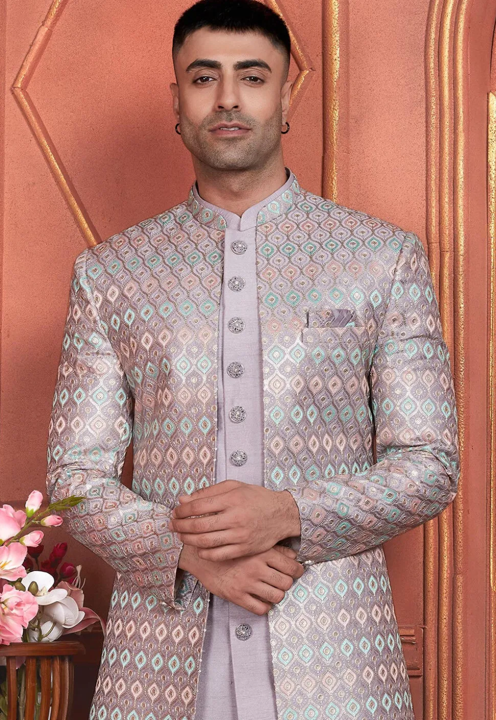 Embroidered Art Silk Jacket Style Sherwani in Light Purple