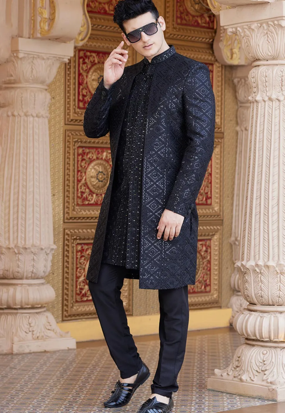 Embroidered Art Silk Jacket Style Sherwani in Black