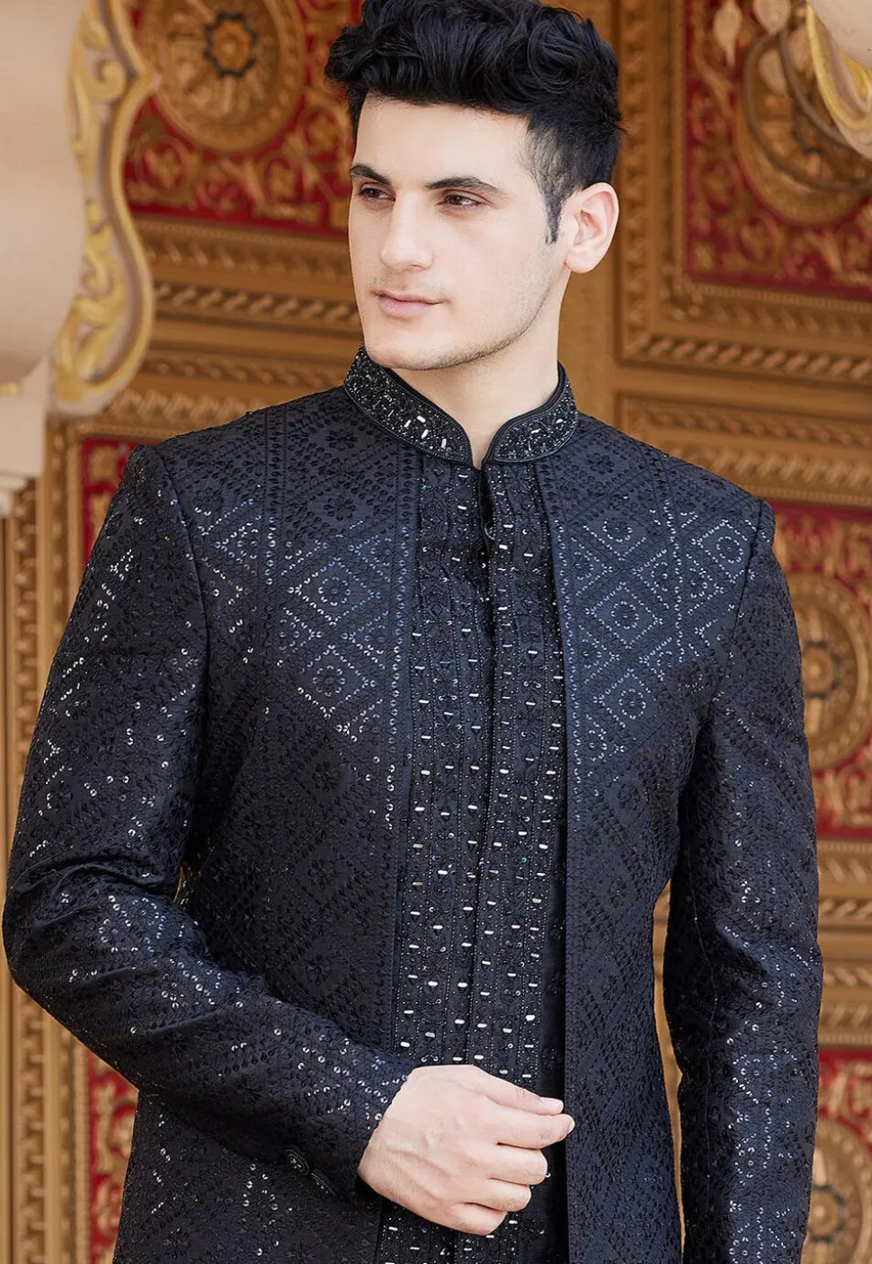 Embroidered Art Silk Jacket Style Sherwani in Black