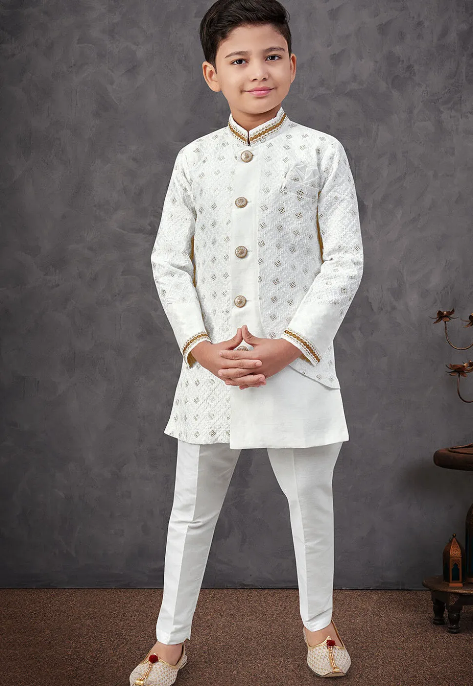 Embroidered Art Silk Jacket Style Sherwani in Off White