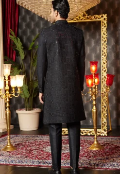 Embroidered Art Silk Jacket Style Sherwani in Black