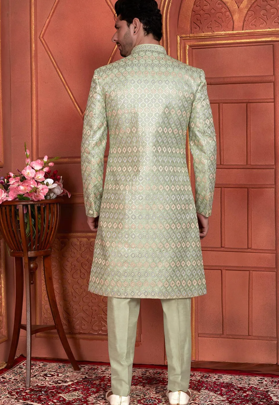 Embroidered Art Silk Jacket Style Sherwani in Dusty Green