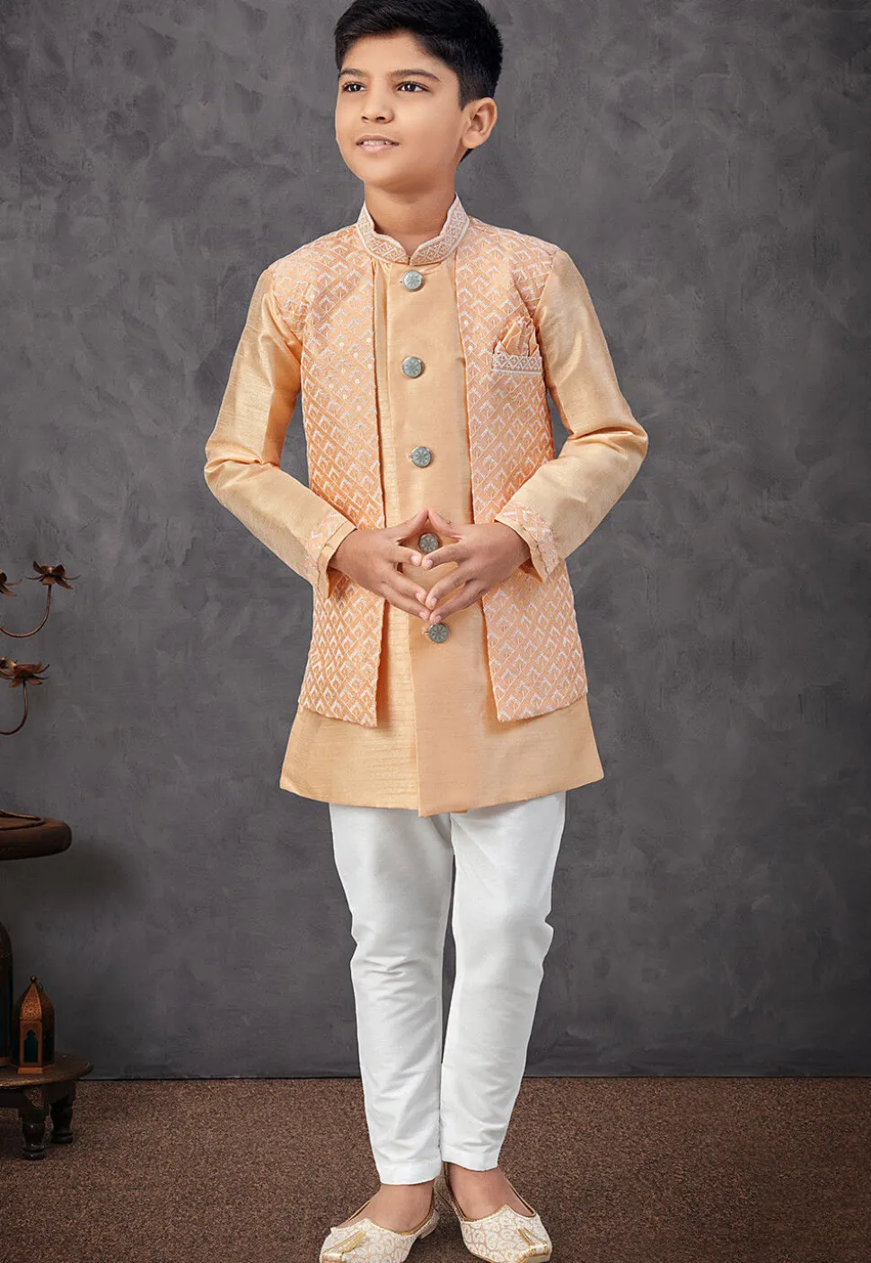 Embroidered Art Silk Jacket Style Sherwani in Light Orange