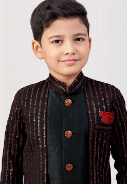 Embroidered Art Silk Jacket Style Sherwani in Black