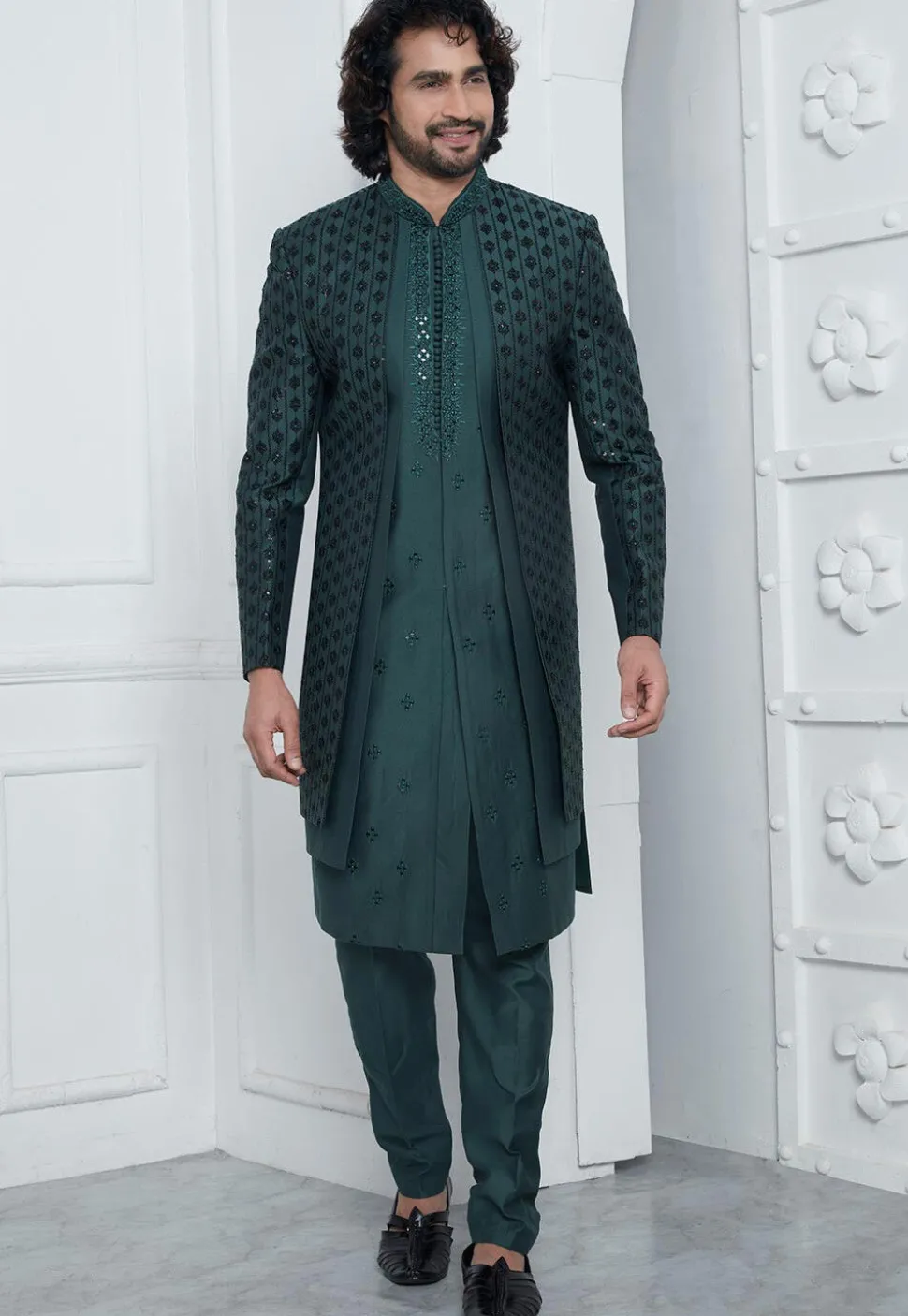 Embroidered Art Silk Jacket Style Sherwani in Teal Green