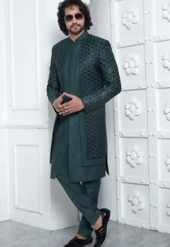 Embroidered Art Silk Jacket Style Sherwani in Teal Green