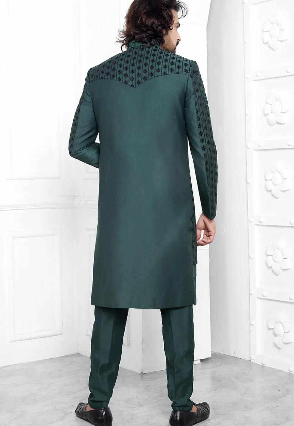 Embroidered Art Silk Jacket Style Sherwani in Teal Green