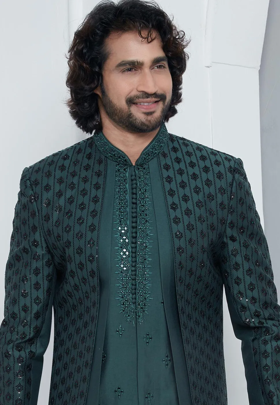 Embroidered Art Silk Jacket Style Sherwani in Teal Green