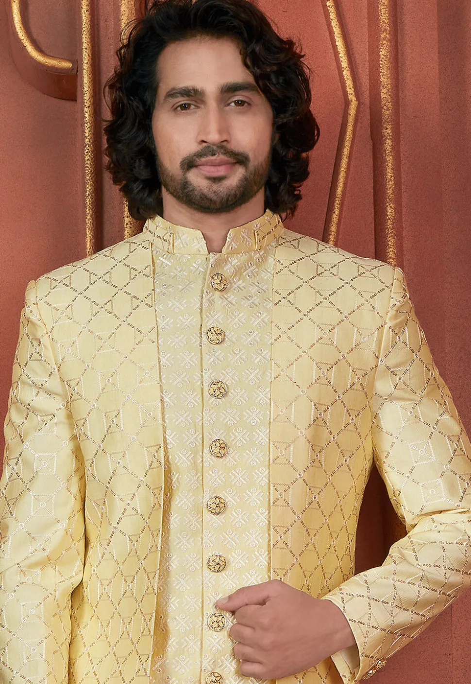 Embroidered Art Silk Jacket Style Sherwani in Yellow